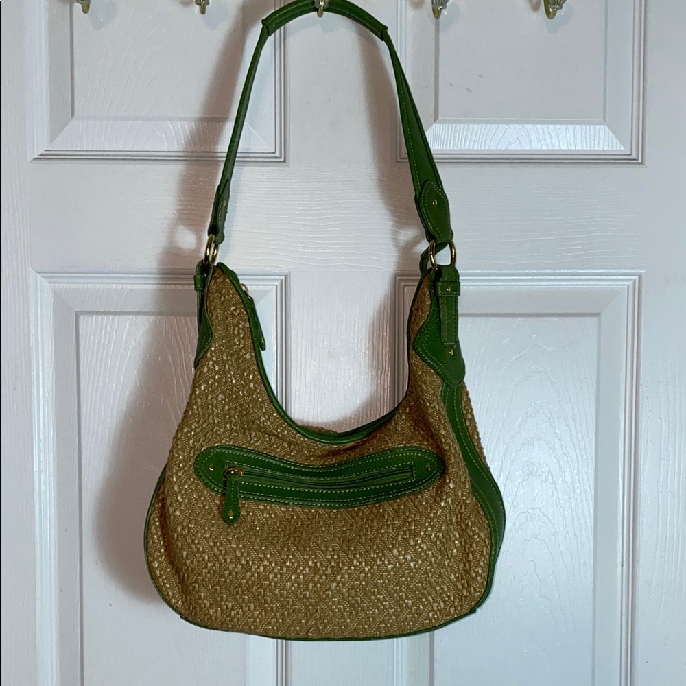 Stone Mountain Woven Straw Leather Trim Handbag Purse Beige Lime Green